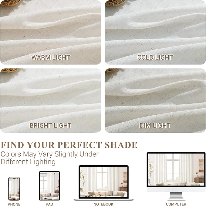 Joywell Beige White Back Tab Rod Pocket Linen Curtains 100 Inches Long 2 Panels for Living Room Bedroom Neutral Boho Farmhouse Rustic Light Filtering Semi Sheer Curtains Window Treatment 52x100