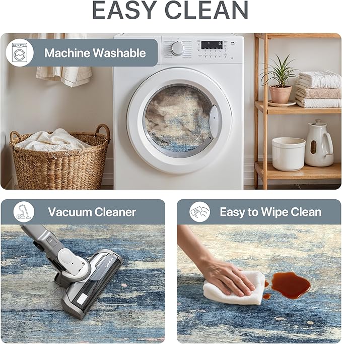 GENIMO 5X7 Washable Modern Area Rugs for Living Room, Non-Slip Low Pile Chenille Print Rug, Soft Rugs for Bedroom Dining Room Home Office, Dusk Tide