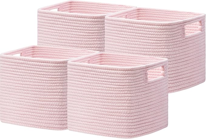UBBCARE Storage Cubes 4 Pack, 11x 11x 7.8 Cube Storage Bin with Handles, Cotton Rope Baskets for Organizing, Woven Baskets for Shelf, Baby Nursery, Toy Storage, Closet, Classroom, Pink
