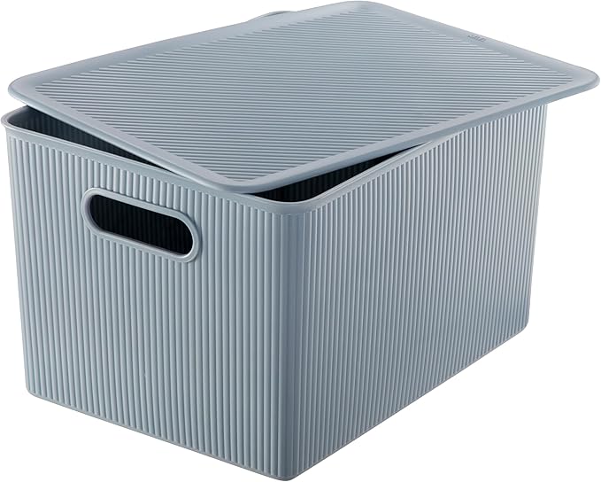 Decorative Plastic Basket Lidded Home Storage Bins Organizer Baskets, X-Large Blue (1 Pack - 22 Liter) Stackable Container Box, for Organizing Closet Storage Bins for Shelves - Ribbed Collection