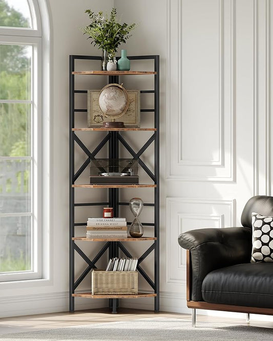69.3" Corner Shelf 5-Tier, Large Corner Shelving, Freestanding Storage Stand for Bedroom, Living Room, Kitchen, Industrial Engineered Wood Bookshelf Organizer, Rustic Brown and Black TCJ15BF