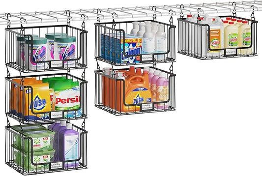 3-Pack Hanging Laundry Organizer, Stackable Wire Shelf Storage with Label Cards, Foldable Metal Baskets with 360 Rotating Hooks, Space-Saving for Laundry Room, Closet & Pantry, 11"15" Large, Black