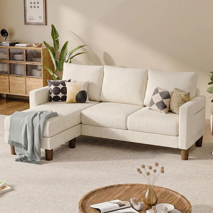 JUMMICO L Shape Sectional Sofa Couch, 3 Seat Convertible Sofa with Movable Ottoman and Side Storage Pockage, Modern Sofa Small Couches for Living Room & Apartment and Small Space (Corduroy, Beige)