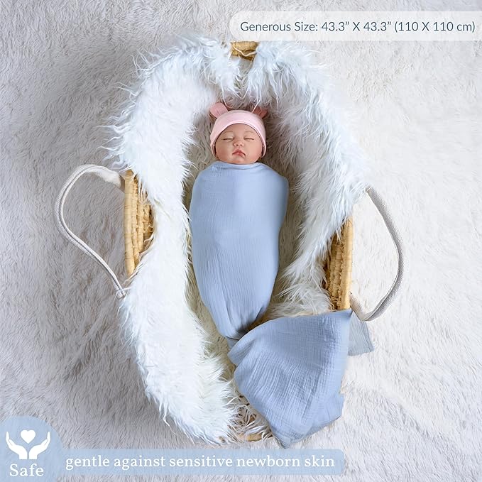 Meracorallo Muslin Swaddle Blanket, 100% Cotton Receiving Blanket Soft and Breathable Swaddle Wrap for Baby Boys and Girls, Sky Blue