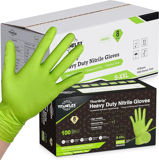 TitanFlex Heavy Duty Industrial Nitrile Gloves with Raised Diamond Texture, 8-mil, Latex Free (Green/Dark Green/Yellow)
