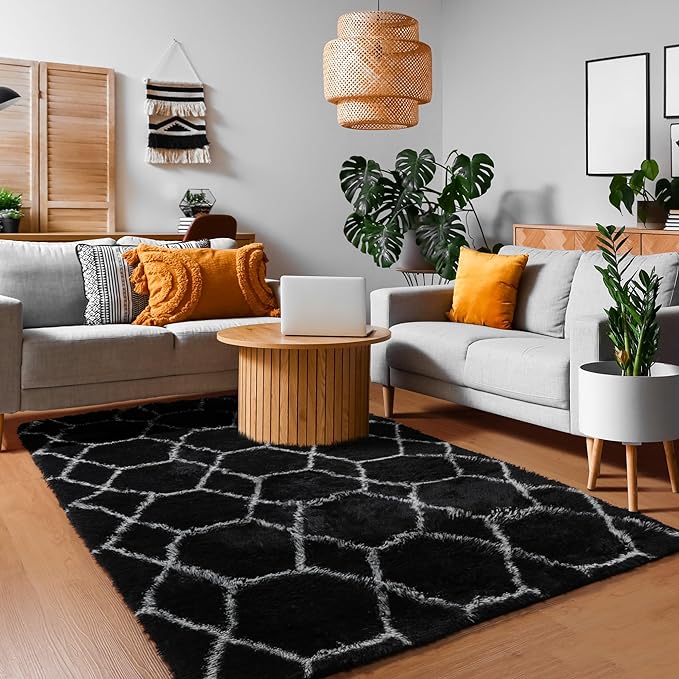 ONASAR Area Rugs for Living Room Bedroom, 5x8 Fluffy Black and White Rug, Geometric Boho Soft Plush Shaggy Fuzzy Floor Carpet for Nursery Kids Girls Boys Teen Dorm Home Decor Aesthetic