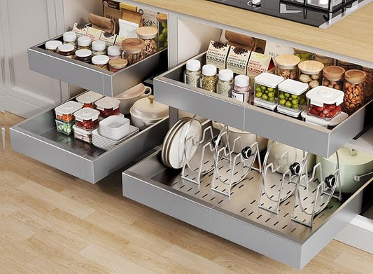 4 Pack Pull out Cabinet Organizer 21"Deep With Raising Pad for Framed Cabinets, Expandable Slide out Drawers for Kitchen Cabinets with 4pcs Divider Racks,Roll out Shelves 12.1"-20.4" W Silver