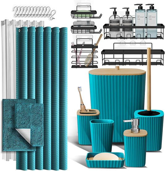 Clara Clark Bathroom Accessories Set - 27PC Bathroom Set with Adhesive Corner Shower Caddy Hanging, Bathroom Sets with Shower Curtain and Rugs, Teal Shower Curtain Set with Bathroom Trash Can