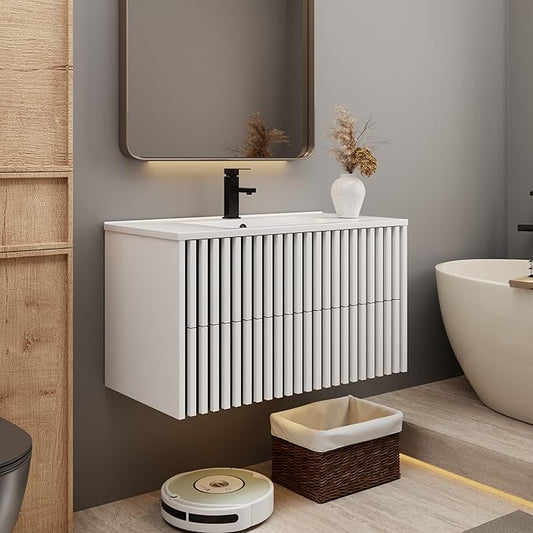 eclife 36" Floating Bathroom Vanity with Sink Combo, Modern Wall Mounted Cabinet with 2 Fluted Drawers, Undermount Sink, Faucet, Drain, Mixed White
