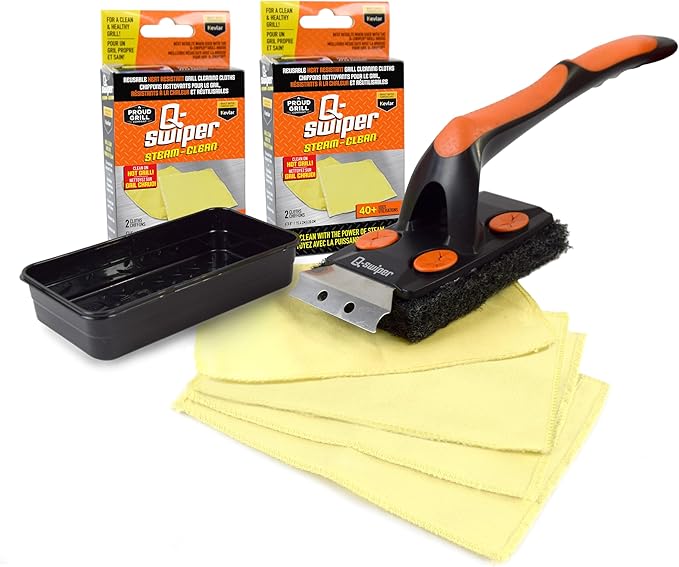 Q-Swiper XL Steam-Clean Grill Cleaning Value Set — Bristle-Free Brush with Scraper — Dipping Tray, 4 Kevlar® Heat Resistant Cleaning Cloths — Safe Way to Steam Away BBQ Grill Grease & Grime