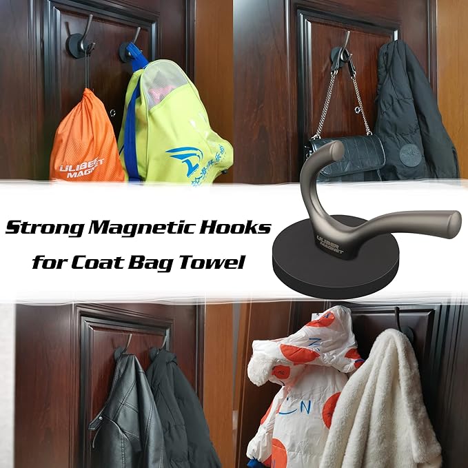 ULIBERMAGNET Strong Magnetic Double Hooks, 2 Pack Heavy Duty Sturdy Coat Magnetic Hangers, Rubber Magnets Large Hooks for Coat Robe Towel Key Hat (Brushed Nickel)