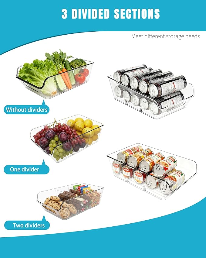 Pantry Organizers and Storage,Clear Plastic Containers with 2 Dividers for Kitchen,Fridge,freezer Organization and Storage,Acrylic Bins for Pounches,Spice Packet,Snack organzier (2 Pack)