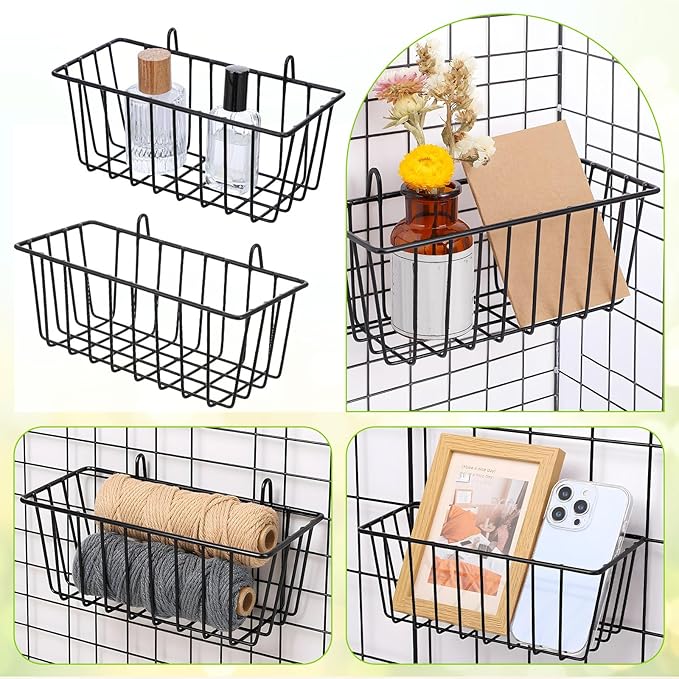 10 PCS Hanging Wire Baskets for Organizing - Hanging Metal Basket Storage with Wall Grid Panel, Rust-Resistant Iron for Kitchen Bathroom Home Decor (Black, 9x3.9x3 Inches)