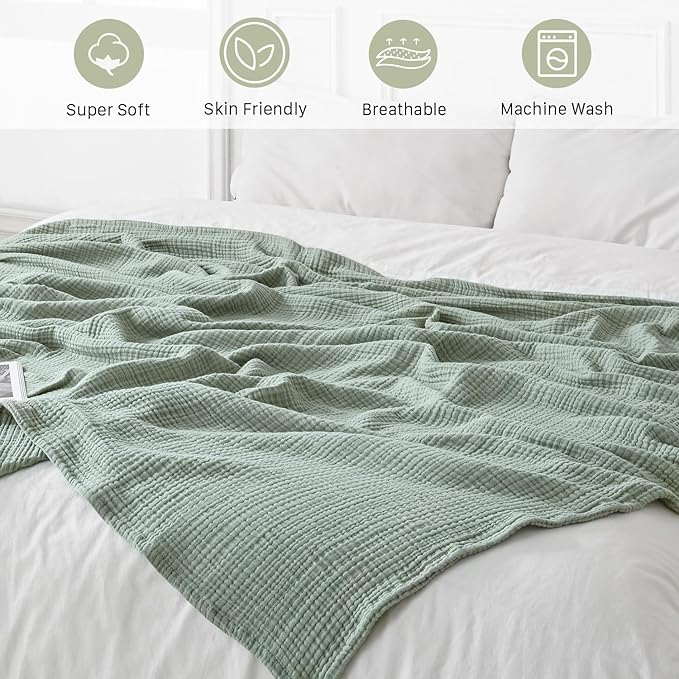 100% Cotton Muslin Blanket Throw 108'x90', Lightweight Breathable Summer Throw Blanket for Sofa, Couch, Bed, All-Season Use, Sage Green