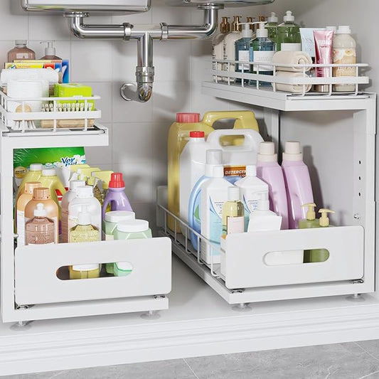 Under Sink Organizer Upgrade To Professional Rails,2-Tier Dual Pull Out Cabinet Storage,Height Adjustable Slide Out Drawers For Bathroom Kitchen,2 Pack-16.7"Dx12.8"-16.9"H,White