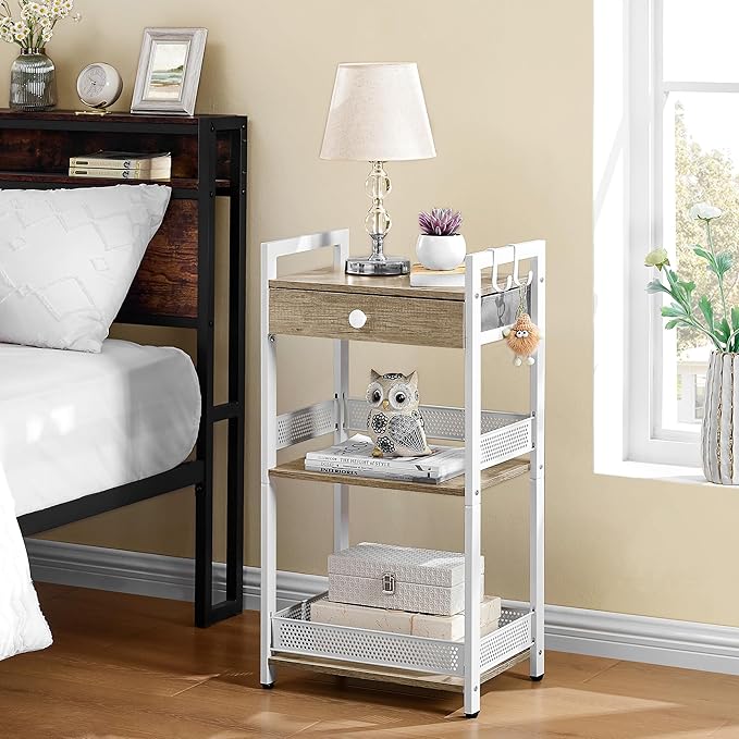 FAVOOSTY 3-Tier Bathroom Ladder Shelf Floor Storage Shelf with Drawer Freestanding Shelving Unit Bookcase End Table for Bathroom Living Room,Balcony-White