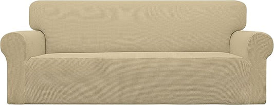 Easy-Going Stretch Sofa Slipcover 1-Piece Sofa Cover Furniture Protector Couch Soft with Elastic Bottom for Kids, Polyester Spandex Jacquard Fabric Small Checks (Sofa, Beige)