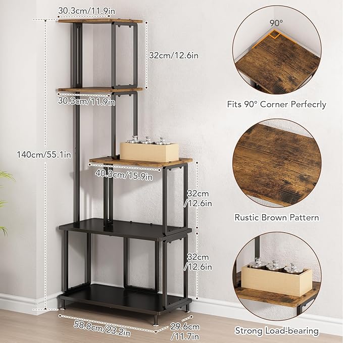 GILLAS 5 Tier Corner Shelf Stand, Freestanding Corner Shelf Corner Bookshelf, Corner Table with Shelf, Tall Storage Organizer Rack for Living Room, Bedroom, Office. Small Space