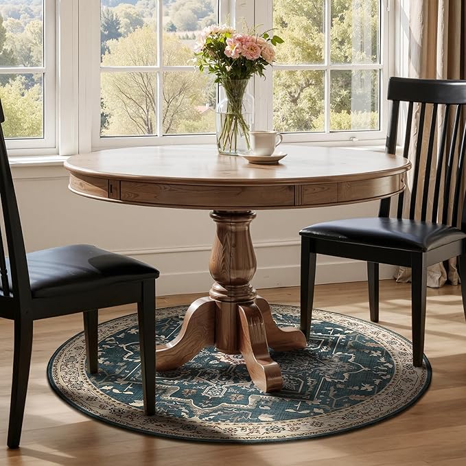 Round Rugs 4ft for Entryway, Low Pile Thin Washable Non Slip Small Circle Rug for Kitchen Dining Room, Tranditional Medallion Round Carpet for Bedroom Living Room, Deep Blue/Multi