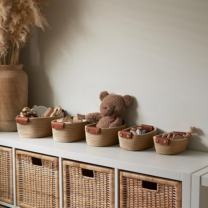 Beautiful Storage Basket Set of 5 - Sturdy Jute Rope Baskets for Shelves Are Perfect for Organizing Your Home - Quality Storage Bins Easily Fit With Any Nursery or Bedroom Decor