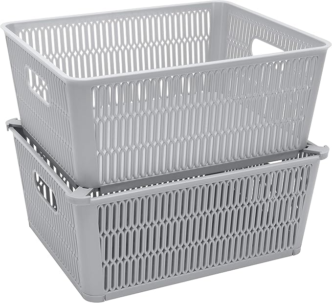 Simplify 2Pk Large Slide 2 Stack It Tote Basket | Storage & Organization | Open Bins with Stackable Capability | Bathroom | Crafts | Pantry | Playroom | Office | Grey