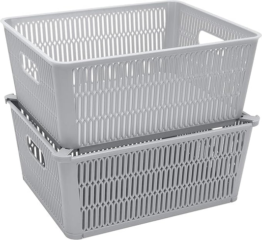 Simplify 2Pk Large Slide 2 Stack It Tote Basket | Storage & Organization | Open Bins with Stackable Capability | Bathroom | Crafts | Pantry | Playroom | Office | Grey