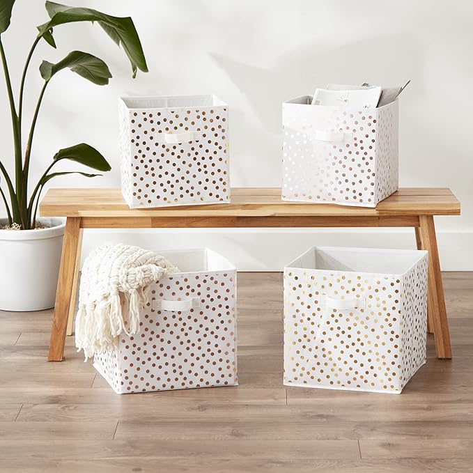 DII Non Woven Polyester Storage Bin, Polka Dot, White & Gold, Small Set of 4