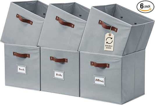DECOMOMO Storage Bins, Cube Storage Bin with Labels, Fabric Storage Cubes for Shelves (10.5" x 11" / 6pcs, Grey)