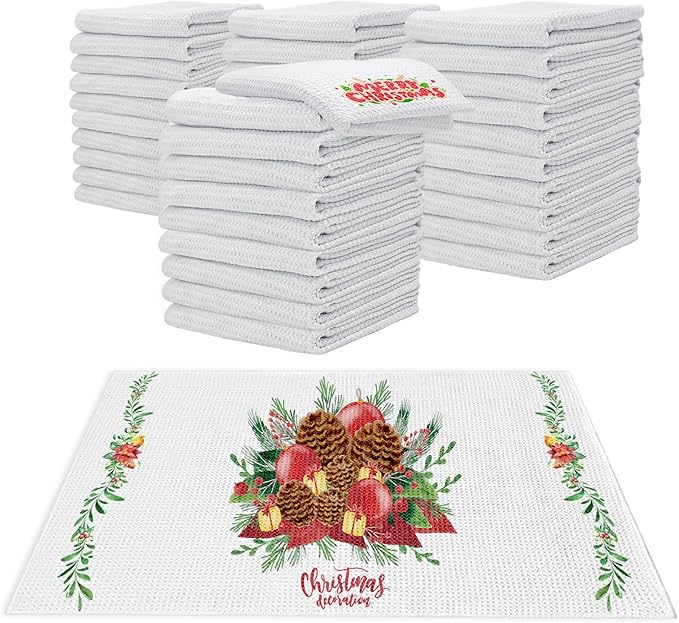 YOUKE OLA 40 Pack Sublimation White Towels Waffle Weave Kitchen Towels Blanks Microfiber Dish Drying Towel for Heat Transfer 16x24 Inch