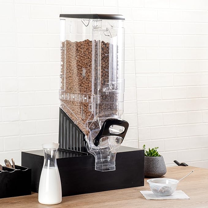 Restaurantware Cereal Dispenser 5 gal Plastic Gravity Bin Candy Dispenser Self-Serve Black Dry Food with Stand for Breakfast Buffet or Hotel Use