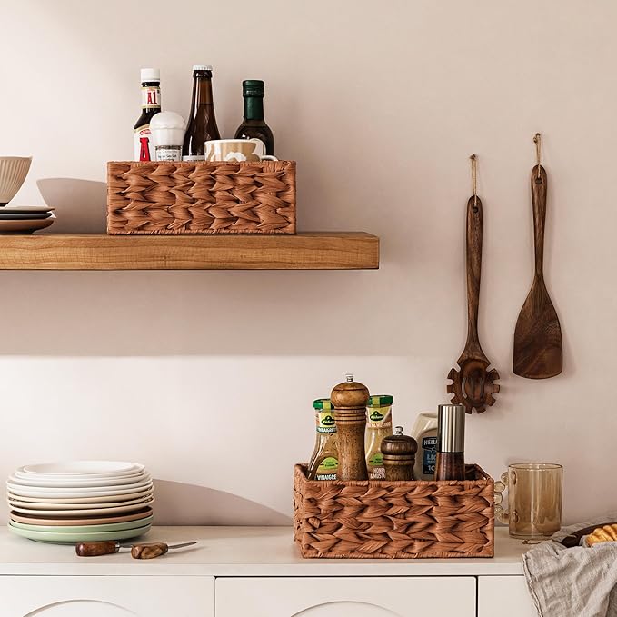 Storage Baskets with Label — Wicker Pantry Baskets for Shelves, Waterproof Woven Basket for Organizing, 2-Pack Plastic Rectangle Organizers with Handles, Light Brown (10L×8H×4W)