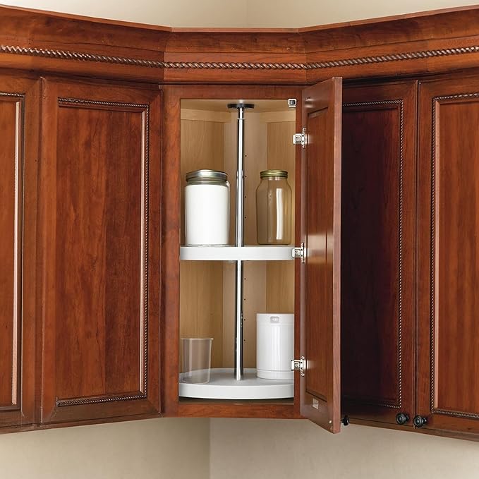 Rev-A-Shelf 18 Inch Dual Full-Circle Lazy Susan Organizer for Upper Corner Kitchen Cabinets, Plastic Home Storage 2 Tier Shelves, White, 6012-18-11-52