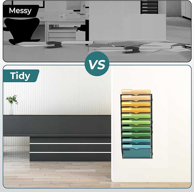 SUPEASY 10-Tier Wall File Organizer Mesh Office Mail Holder, Hanging Wall Organizer Magazine Rack for Office Black