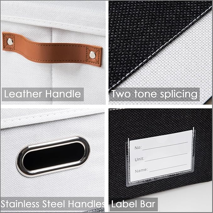PRANDOM Foldable Storage Bins with Handles [3-Pack] Fabric Collapsible Storage Boxes Baskets Cubes Containers with Handles for Closet Living Room Bedroom (Black & White 14.9x9.8x8.3'')
