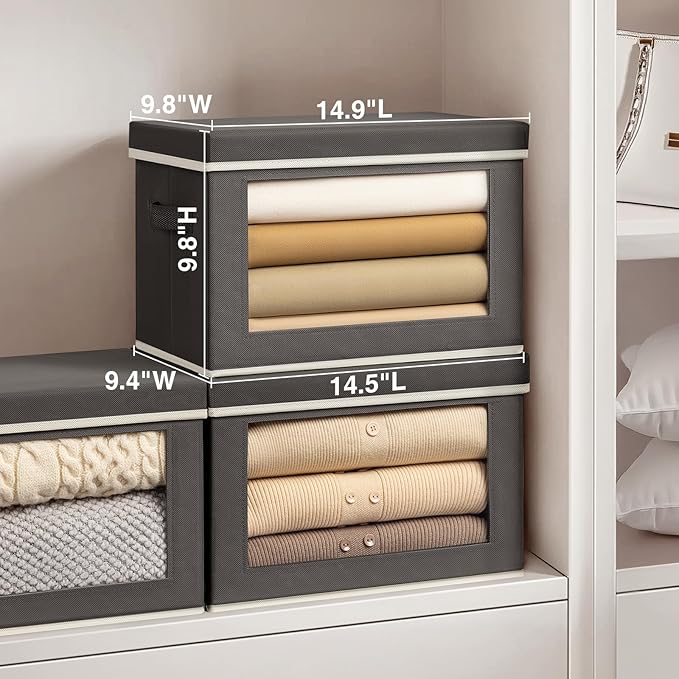Storage Bins with Lids - Fabric Storage Boxes with Lids, Collapsible Storage Bins with Window, Decorative Closet Organizers and Storage for Clothes, Towels, Books, 3 Pack, Dark Grey