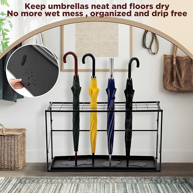 Folding Umbrella Storage Stand Rack Holder Organizer Free Standing Umbrella Rack with Removable Drip Tray for Entryway Home Office Hotel Entry Hallway (L35.51 X W11.89 X H19.69 Inch)