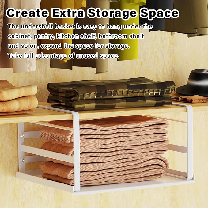 PEKGRIL 2 Pack Under Shelf Basket, White Undershelf Storage Basket, Heavy Duty Slide-in Hanging Storage Basket, Metal Under Cabinet Organizer for Kitchen, Pantry, Desk, Bookshelf, Cabinet, CGSN-BS-2P