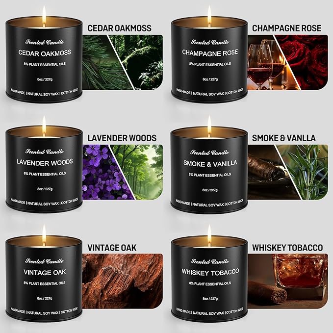 Men’s Scented Candles Set – 6 Pack Soy Wax Aromatherapy Candles for Men, Masculine Scented Candles with Essential Oils, Long Lasting Strong Scent, Luxury Gift Candles for Men,Dad,Him