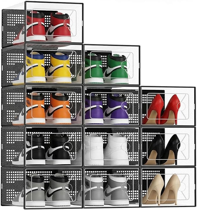 DUMOS 12-Pack Clear Shoe Boxes, Stackable Shoe Storage Container Organizer with Lids, Plastic Sneaker Case for Under Bed, Entryway, Sneaker Display and Storage, Black