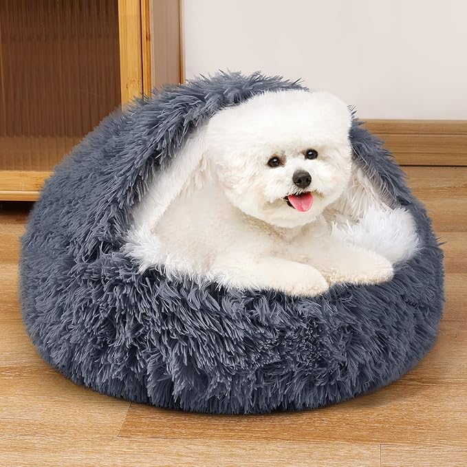 NOYAL Round Hooded Donut Dog Bed for Small & Medium Pets - Plush Fluffy Anti-Anxiety Cat Cave Bed with Cover