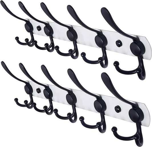 Dseap Wall Mounted Coat Rack - 5 Tri Hooks, Heavy Duty, Stainless Steel, Metal Coat Hook Rail for Coat Hat Towel Purse Robes Mudroom Bathroom Entryway (White & Black, 2 Packs)