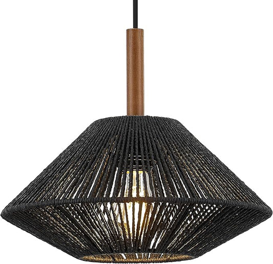 ELYONA 12.6" Modern Pendant Light Fixtures, Black Woven Pendant Light with Solid Ash Wood, Hanging Light for Kitchen Island, Farmhouse Boho Rattan Ceiling Light for Dining Room Bedroom Living Room