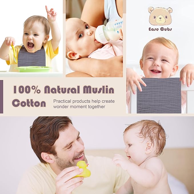 Muslin Burp Cloths Large 100% Cotton Hand Washcloths for Boys & Girls, Baby Essentials Extra Absorbent and Soft Burping Rags for Newborn Registry (Grey, 12-Pack, 20" X10")