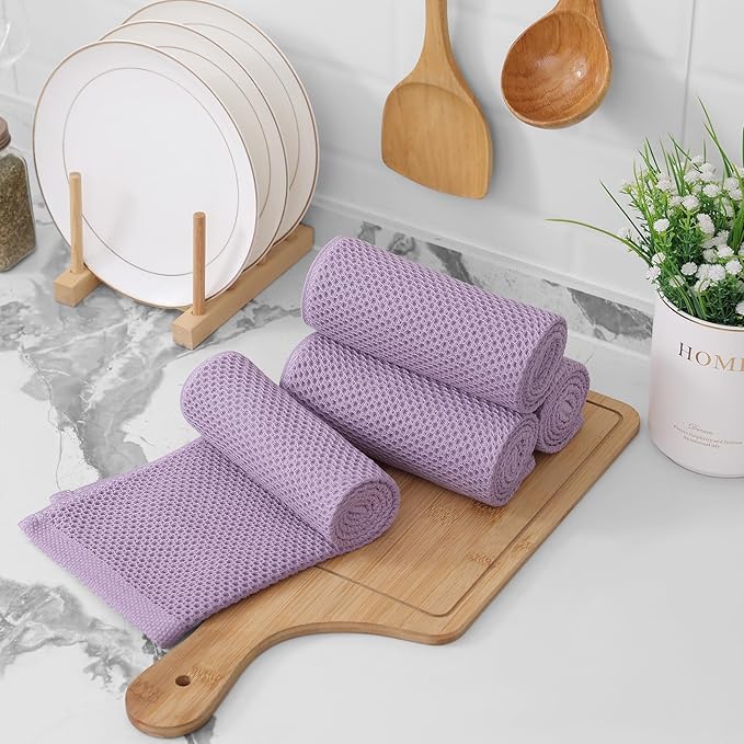 Kitinjoy 100% Cotton Waffle Weave Kitchen Hand Towels (13 X 28 Inches, Lavender), 4-Pack Super Soft and Absorbent Dish Towel for Drying Dishes