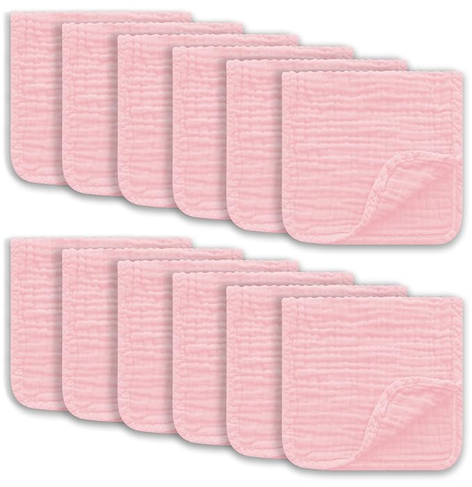 Muslin Burp Cloths Large 100% Cotton Hand Washcloths for Boys & Girls, Baby Essentials Extra Absorbent and Soft Burping Rags for Newborn Registry (Pink, 12-Pack, 20" X10")