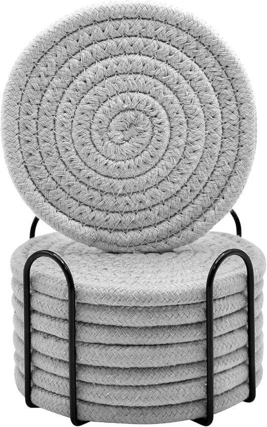 ABenkle 8 Pcs Drink Coasters with Holder, Cotton Woven Absorbent Coasters for Drinks, Minimalist Home Decor Coaster Set for Wooden Tabletop Protection Table, 4.3 inches