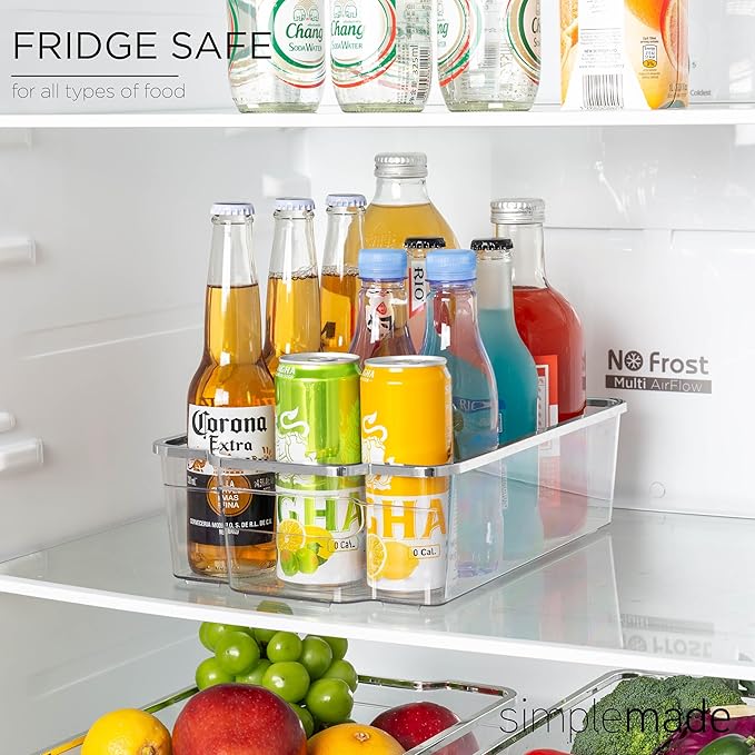 SIMPLEMADE Clear Refrigerator Organizer Bins - Clear Bins for Fridge, Containers for Fridge and Freezer, Multipurpose Storage for Kitchen, Office, Bathroom, Silver Rim (8" x 12")