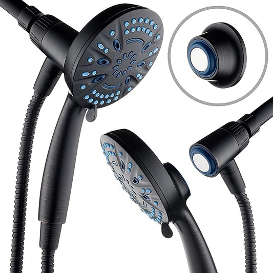 AquaCare Magneton High-Pressure 8-mode Handheld Shower Head with Magnetic Guidance Docking System - 2 Magnetic Brackets, 5 inch Face, Hygienic Jets, 6 ft. Stainless Steel Hose/ORB Finish