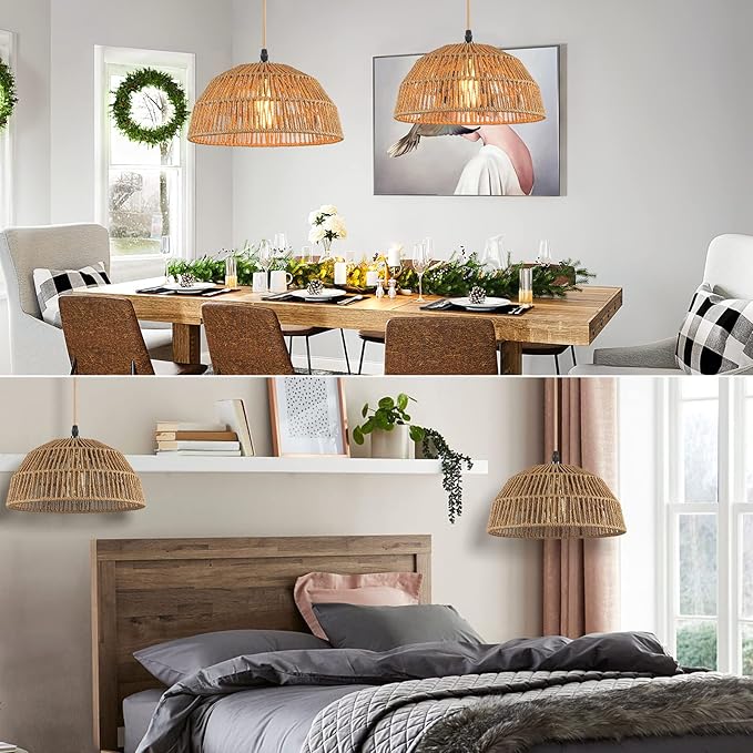 Plug in Pendant Light, Farmhouse Hanging Chandelier Lights with 15ft Golden Cotton Cord, Ceiling Lamp with Dimmable Switch, for Kitchen Island Living Room-2 Pack (Bulb & 4 Swag Hooks Included)