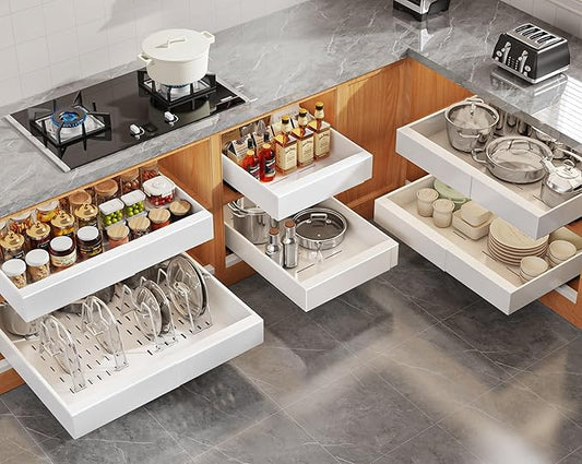 6Pack Expandable Pull Out Cabinet Organizer 21"Deep With Raising Pad for Framed Cabinets,Slide Out Drawers with 4pcs Divider Racks,Roll Out Shelves Adhesive,Adjustable Width 12.05"-20.4"White